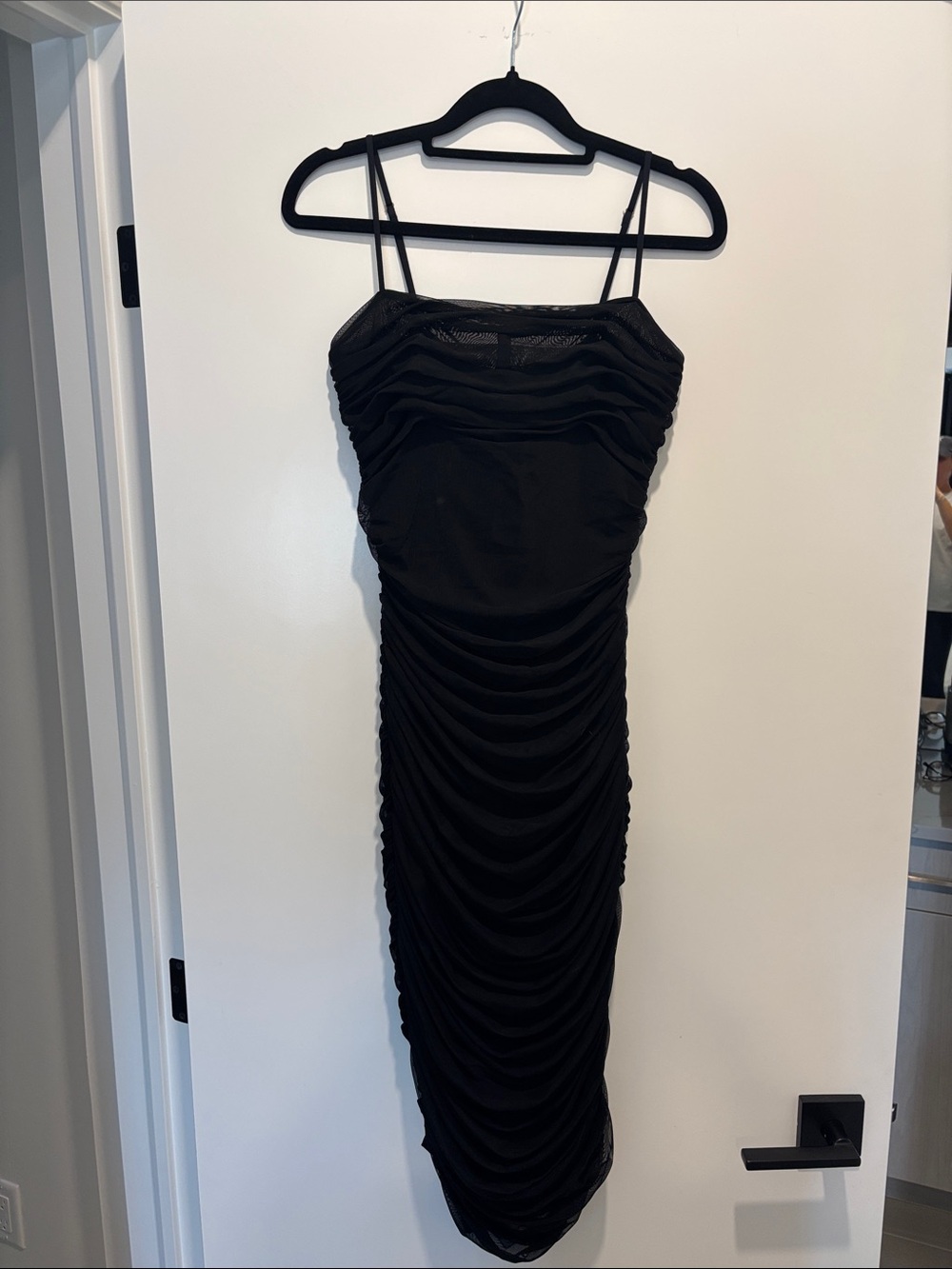 Babaton Black Ruched Spaghetti-Strap Midi Dress